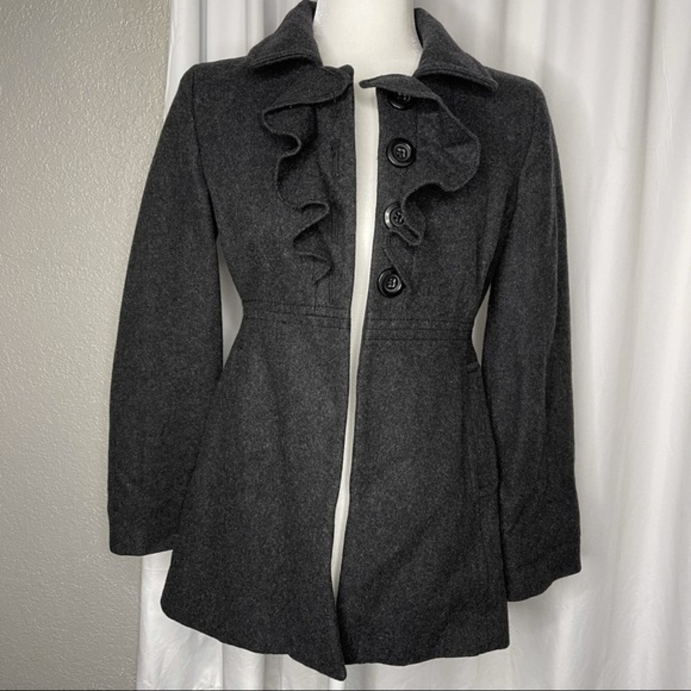 Old Navy Wool Pea Coat Ruffled Chest 4 Chunky Buttons Charcoal Gray